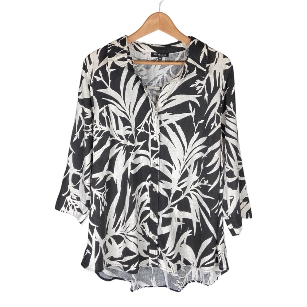 Rachel Zoe Linen Blend Shirt Women’s Size 2X Black + White Tropical Button Down